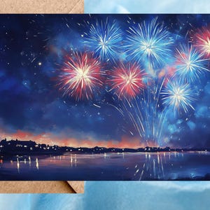 Cartes Feux d'artifice sur l'eau, cartes Feux d'artifice américains pour le 4 juillet, cartes Fête de l'indépendance des feux d'artifice avec enveloppes