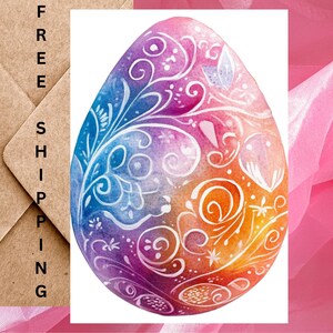 Carte de Pâques avec un oeuf de Pâques coloré - Carte de Pâques aquarelle avec un bel oeuf - Carte simple avec enveloppe ou lot de 5