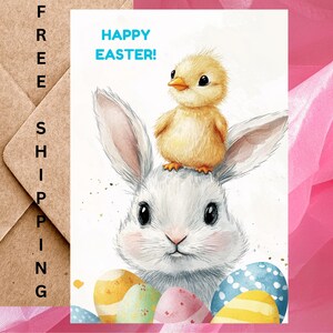 Jolie carte de Pâques avec poussin sur la tête d'un lapin de Pâques avec des oeufs de Pâques - Joyeuses Pâques aquarelle - Carte de Pâques à l'unité avec enveloppe ou paquet de 5