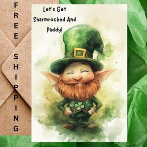 Carte drôle de Saint-Patrick - « Let's get Shamrocked and Paddy ! Carte à l'unité Punny Leprechaun avec enveloppe ou lot de 5