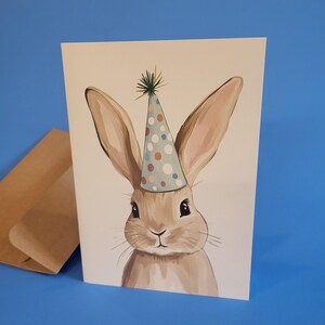 Carte d'anniversaire lapin pour enfant ou lapin - Carte d'anniversaire à dessin lapin avec chapeau de fête - Carte à l'unité avec enveloppe ou paquet de 5