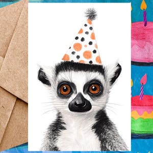 Cute Lemur Birthday Card For Kid - Happy Birthday Card Lemur Illustration & Birthday Hat - Single Card With Envelope or 5-Pack