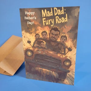 Carte drôle de fête des pères de papa fou parodiant Mad Max : Fury Road, carte de film de papa blague, carte de film de fête des pères avec l'enveloppe