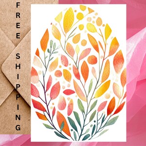 Cartes d'oeufs de Pâques avec des feuilles colorées - Cartes de Pâques aquarelles avec de belles feuilles - Une seule carte avec enveloppe ou lot de 5