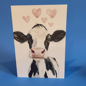 Jolie carte d'anniversaire de vache ou carte de voeux d'amour - Carte d'anniversaire de mariage aquarelle vache laitière avec enveloppe ou lot de cinq