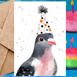 Jolie carte d'anniversaire pigeon pour enfant - Carte de joyeux anniversaire Illustration de pigeon et chapeau d'anniversaire - Carte à l'unité avec enveloppe ou lot de 5
