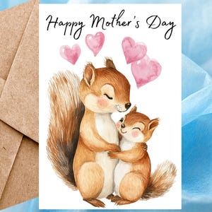 Jolie carte de fête des mères heureuse avec un écureuil brun, carte de voeux aquarelle, carte de fête des mères animal faite à la main pour maman avec enveloppe autocollante