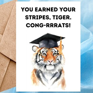 Carte de remise des diplômes tigre drôle, jolie carte de remise des diplômes universitaire tigre aquarelle, carte de remise des diplômes animal fait main et enveloppe autocollante