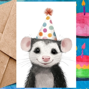 Cute Opossum Birthday Card For Kid - Happy Birthday Card Opossum Illustration & Birthday Hat - Single Card With Envelope or 5-Pack