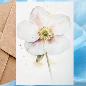 Carte fleur blanche, carte ellébore blanche aquarelle imprimé floral, carte ellébore fleur de printemps 5 x 7 - carte à l'unité avec enveloppe ou paquet de 5