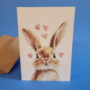 Jolie carte d'anniversaire de lapin ou carte de Pâques - Carte unique d'anniversaire de mariage aquarelle lapin avec enveloppe ou lot de cinq