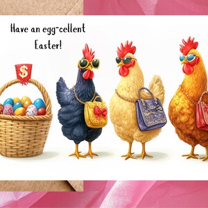 Carte Joyeuses Pâques amusante avec des poules et un jeu de mots sur des œufs de Pâques - Aquarelles de poules avec un panier d'oeufs de Pâques - Une carte avec enveloppe ou paquet de 5