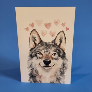 Jolie carte d'anniversaire de loup gris ou carte pour lettres d'amour - Carte d'anniversaire de mariage aquarelle loup gris avec enveloppe ou lot de cinq