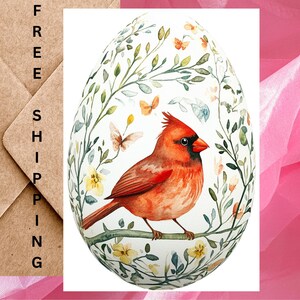 Carte de Pâques avec oeuf de Pâques Cardinal ou cardinaux - Carte de Pâques aquarelle Cardinal oeuf de Pâques Carte simple avec enveloppe ou lot de 5