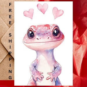 Jolie carte d'anniversaire de mariage salamandre ou carte de voeux d'amour - Carte d'anniversaire de mariage aquarelle salamandre avec enveloppe ou lot de cinq