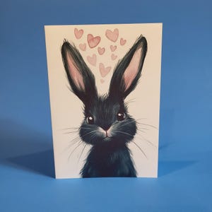 Jolie carte d'anniversaire de lapin noir ou carte de Pâques - Carte unique d'anniversaire de mariage aquarelle lapin noir avec enveloppe ou lot de cinq
