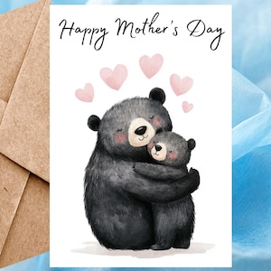 Jolie carte de fête des mères avec ours noirs, carte de voeux aquarelle, carte de fête des mères animal faite main pour maman avec enveloppe autocollante