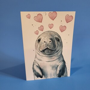 Jolie carte d'anniversaire de lamantin ou carte de voeux d'amour - Carte d'anniversaire de mariage aquarelle lamantin avec enveloppe ou lot de cinq