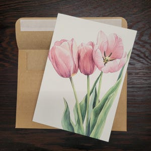 Carte fleur tulipe rose, imprimé floral, carte floral aquarelle, carte d'illustration fleurs printanières 5 x 7 - Carte à l'unité avec enveloppe ou paquet de 5