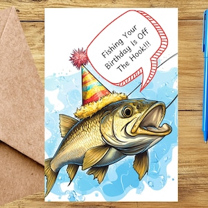 Carte d'anniversaire poisson - poisson doré en dessin animé pêché par un hameçon (personnalisable)
