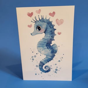 Jolie carte d'anniversaire de mariage hippocampe bleue ou carte d'amour - Carte d'anniversaire de mariage hippocampe bleu aquarelle avec enveloppe ou paquet de cinq