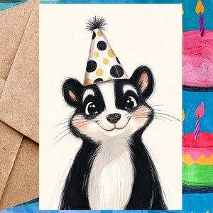 Jolie carte d'anniversaire de mouffette ou carte de retraite de mouffette - Carte de joyeux anniversaire mouffette avec chapeau d'anniversaire - Carte à l'unité avec enveloppe ou lot de 5