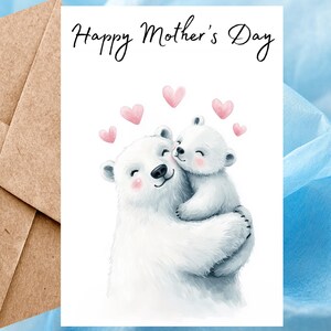 Jolie carte de fête des mères avec ours polaire, carte de voeux aquarelle ours, carte de fête des mères animal faite main pour maman avec enveloppe autocollante