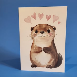 Jolie carte d'anniversaire de loutre ou carte de voeux d'amour - Carte d'anniversaire de mariage aquarelle loutre avec enveloppe ou lot de cinq