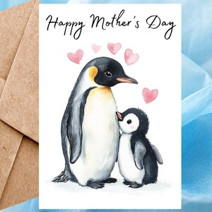 Jolie carte de fête des mères heureuse de pingouin, carte de voeux aquarelle, carte de fête des mères animale faite main pour maman avec enveloppe autocollante