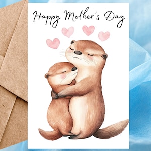 Jolie carte de fête des mères avec loutres, carte de voeux aquarelle, carte de fête des mères animal faite main pour maman avec coeurs et enveloppe autocollante