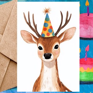 Cute Buck Birthday Card For Kid - Happy Birthday Card Buck Deer Illustration & Birthday Hat - Single Card With Envelope or 5-Pack