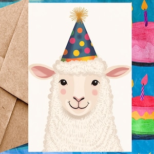 Jolie carte d'anniversaire d'agneau pour enfant - Carte de joyeux anniversaire Illustration d'agneau et chapeau d'anniversaire - Carte à l'unité avec enveloppe ou paquet de 5