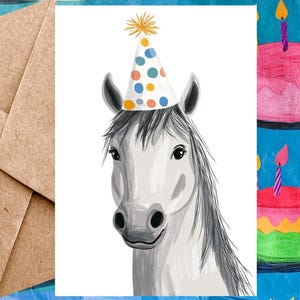 Jolie carte d'anniversaire cheval gris pour enfant - Carte de joyeux anniversaire Illustration cheval gris et chapeau d'anniversaire - Carte à l'unité avec enveloppe ou paquet de 5
