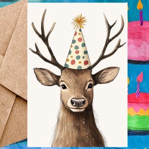 Cute Elk Birthday Card For Kid - Happy Birthday Card Elk Illustration & Birthday Hat - Single Card With Envelope or 5-Pack