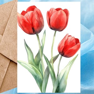 Carte fleur tulipe rouge, imprimé floral, carte floral aquarelle, carte d'illustration fleurs printanières 5 x 7 - Carte à l'unité avec enveloppe ou paquet de 5