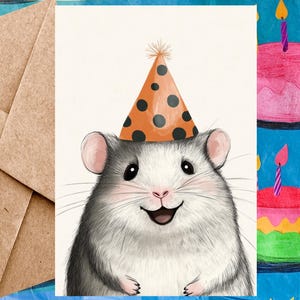 Cute Hamster Birthday Card For Kid - Happy Birthday Card Hamster Illustration & Birthday Hat - Single Card With Envelope or 5-Pack