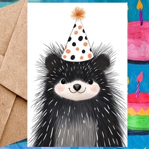 Jolie carte d'anniversaire de porc-épic pour enfant - Carte de joyeux anniversaire Illustration de porc-épic et chapeau d'anniversaire - Carte à l'unité avec enveloppe ou lot de 5