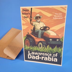Carte de fête des pères drôle de Lawnrence of Dad-rabia parodiant le film classique Lawrence d'Arabie, carte de film de blague de papa faite main avec enveloppe