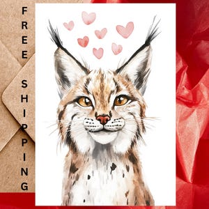 Jolie carte d'anniversaire de mariage Lynx ou carte de voeux d'amour - Carte unique d'anniversaire de mariage Lynx aquarelle avec enveloppe ou lot de cinq