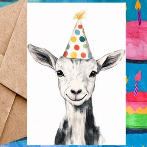 Jolie carte d'anniversaire de chèvre pour enfant - Carte de joyeux anniversaire Illustration de chèvre et chapeau d'anniversaire - Carte à l'unité avec enveloppe ou paquet de 5