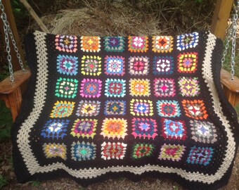 Multi Color Granny Square Afghan with Retired Colors and Black Border