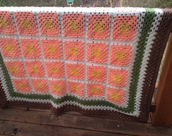 Peach Blossom Handmade Afghan Heirloom Quality with Peach, Yellow and Green FREE SHIPPING