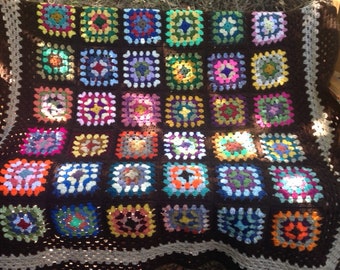 Granny Square Afghan with Funky Variety in Multiple Colors Brown Border