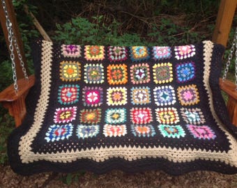 Multi Color Granny Square Afghan with Retired Colors and Black Border