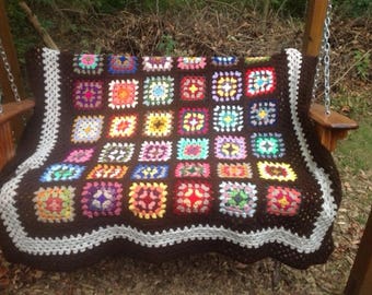 Multi Color Granny Square Afghan with Retired Colors and Brown Border