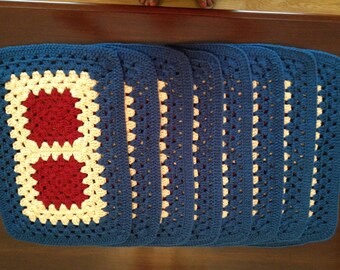 Set of 8 Matching Placemats Crochet Blue, Tan, Red FREE SHIPPING