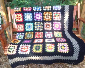 OVERSIZED Black Granny Square Afghan with Multiple Colors