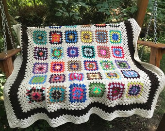 Traditional Cream Granny Square Afghan with Kaleidoscope Colors Black Border