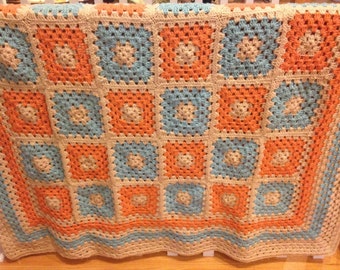 Coral and Turquoise Granny Square Afghan FREE SHIPPING