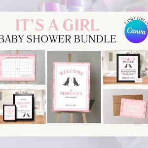 MODIFIABLE C'est une fille | Pack baby shower sur le thème du chien | Panneau de bienvenue | Tombola de couches | de remerciements | Devinez le calendrier de la date d'échéance